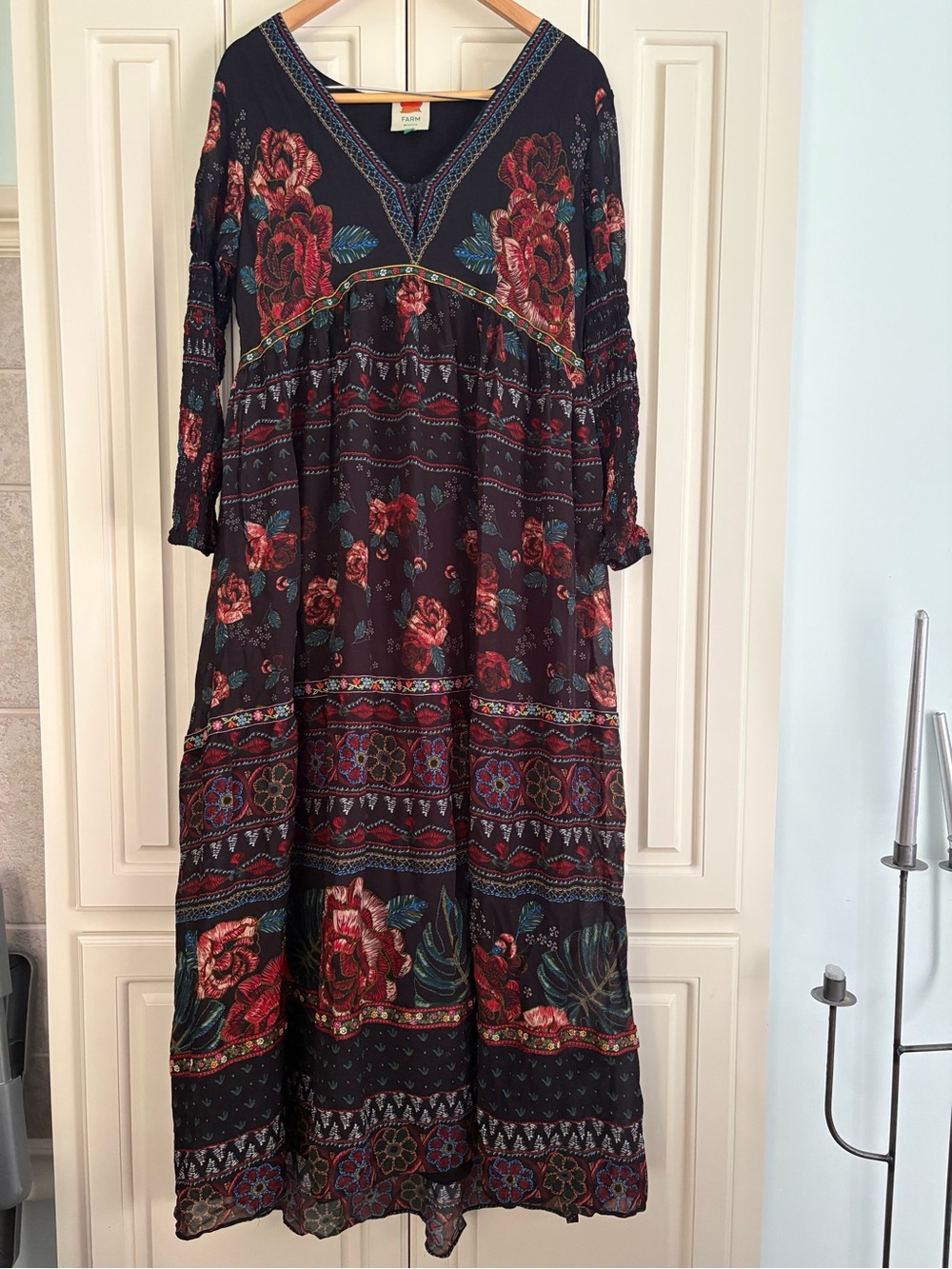 FARM Rio Black Long Sleeved Maxi Dress with Red Floral Print XL Bohemian Flowy